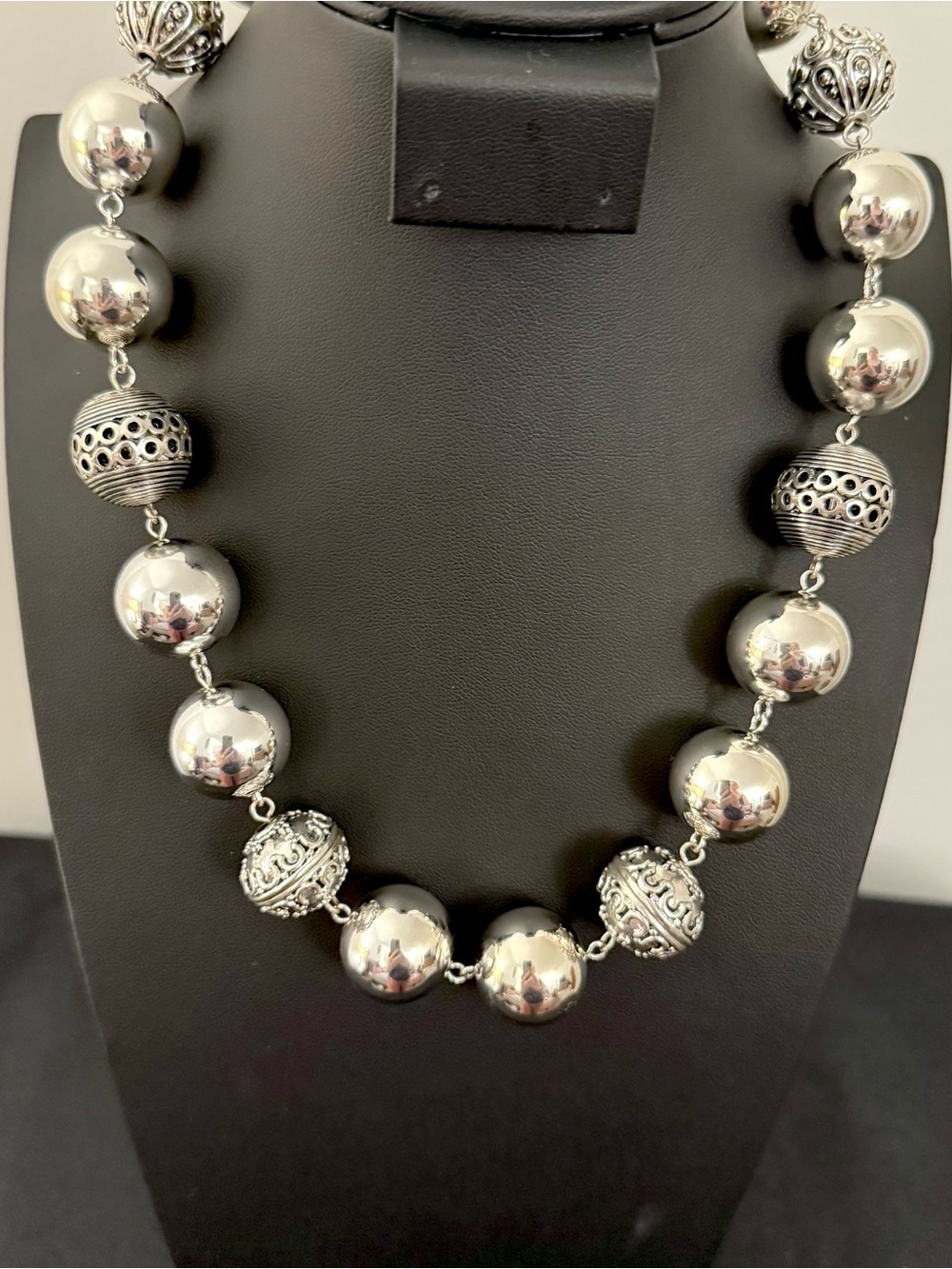 Lauren Ralph Lauren Silver Tone Ornate Beaded Statement Necklace LRL Signed